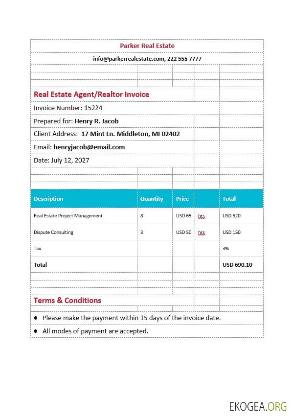 Modèle de facture d'agent immobilier